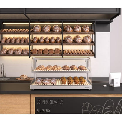 Pemberly Row Glass Countertop Dry Bakery Display Case, 40 in, 5.3 cu. ft. Capacity, Curved Glass, LED Lighting, Stainless Steel and Bamboo Design, Easy-Clean for Pastries and Bread