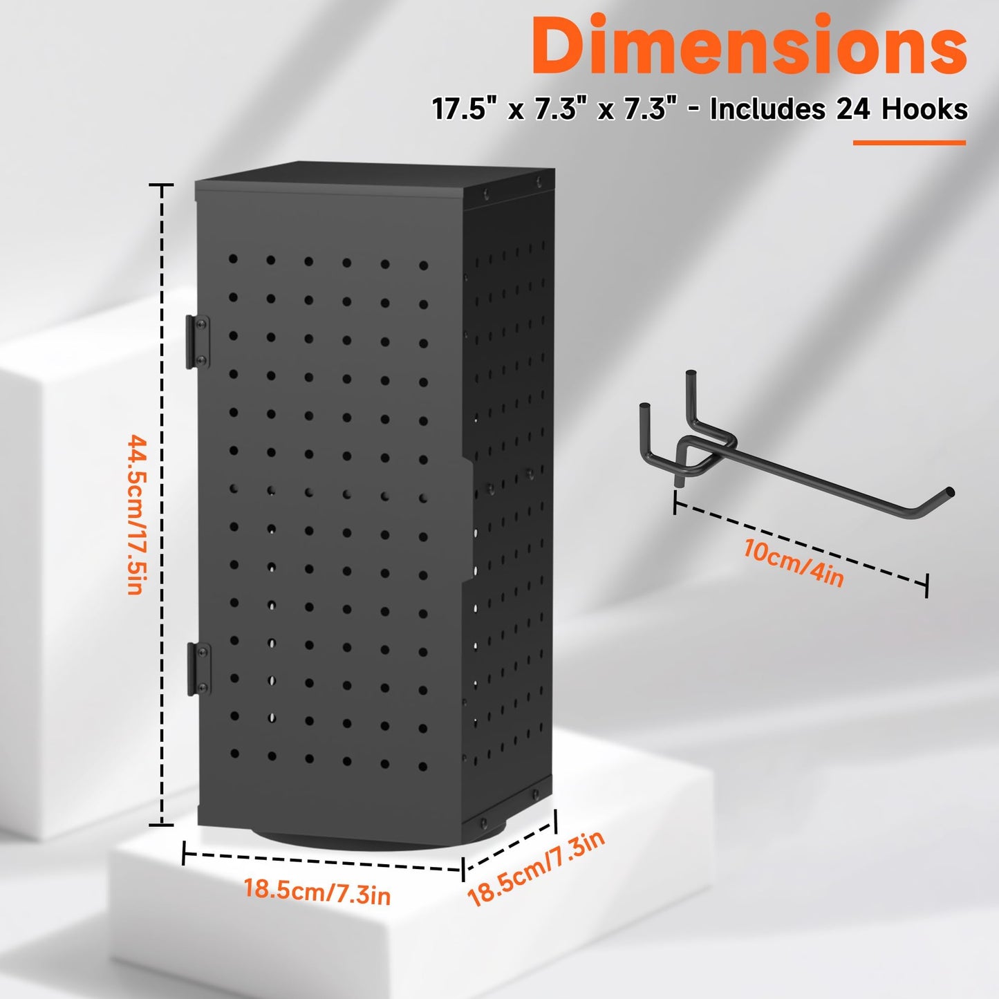 Alyoen Rotating Pegboard Display Stand With 24 Hooks - Metal Spinning Peg Board Organizer Accessories with Magnetic Door Design, Magnet Display Stand for Keychain, Jewelry, Earring（Black）