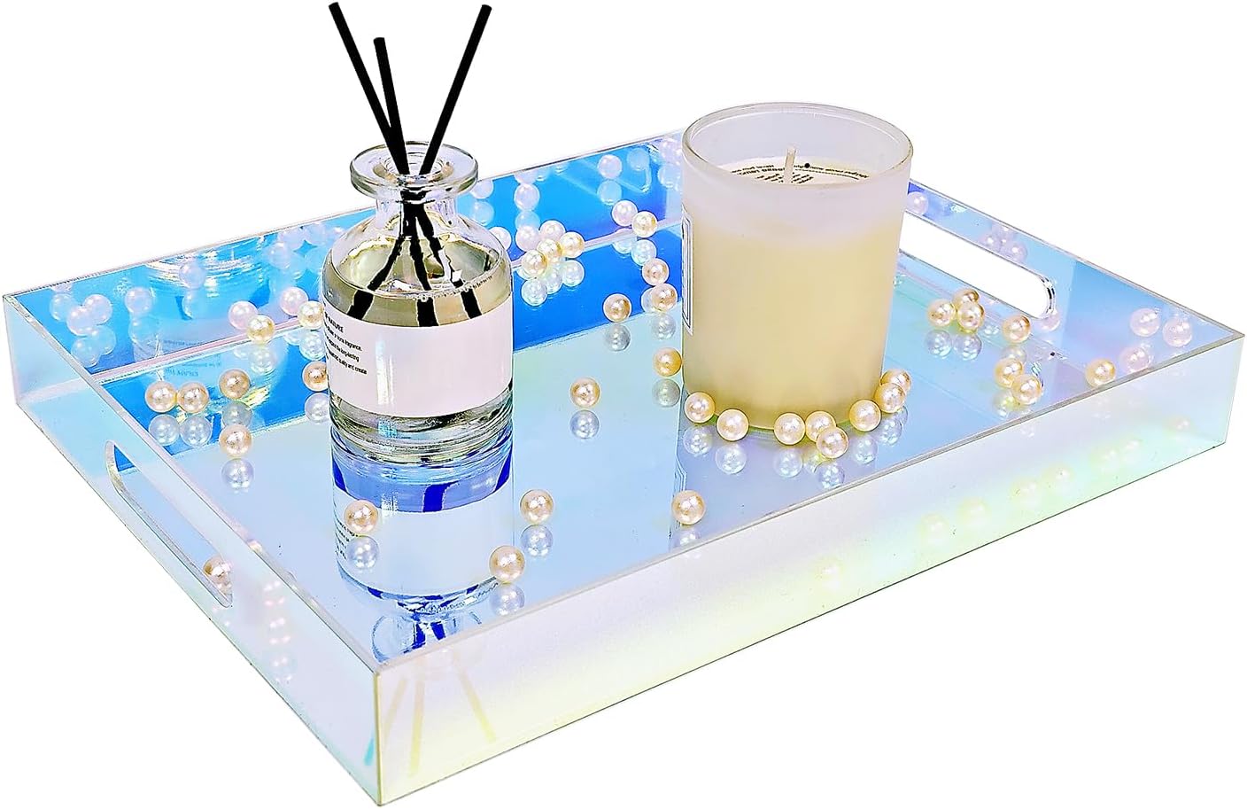 12X9 Inch Countertop, ROYALITA Iridescent Acrylic Tray with Handles, Serving Tray Spill Proof, Perfume Decorative Tray