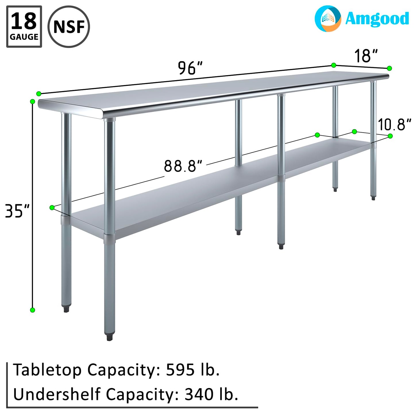 18" X 96" Stainless Steel Work Table with Under-Shelf | NSF Certified | Kitchen Island Food Prep | Laundry Garage Utility Bench