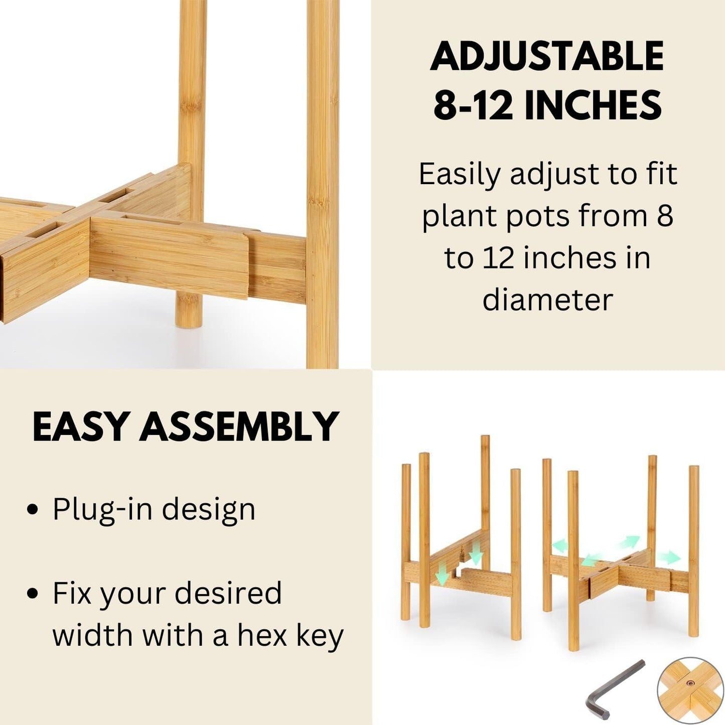 8 12 Inch 8, 9, 10, 11 12 Inch Fox & Fern Adjustable Plant Stand Indoor to Mid Century Bamboo Plant Stand