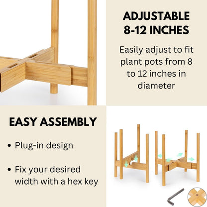 8 12 Inch 8, 9, 10, 11 12 Inch Fox & Fern Adjustable Plant Stand Indoor to Mid Century Bamboo Plant Stand