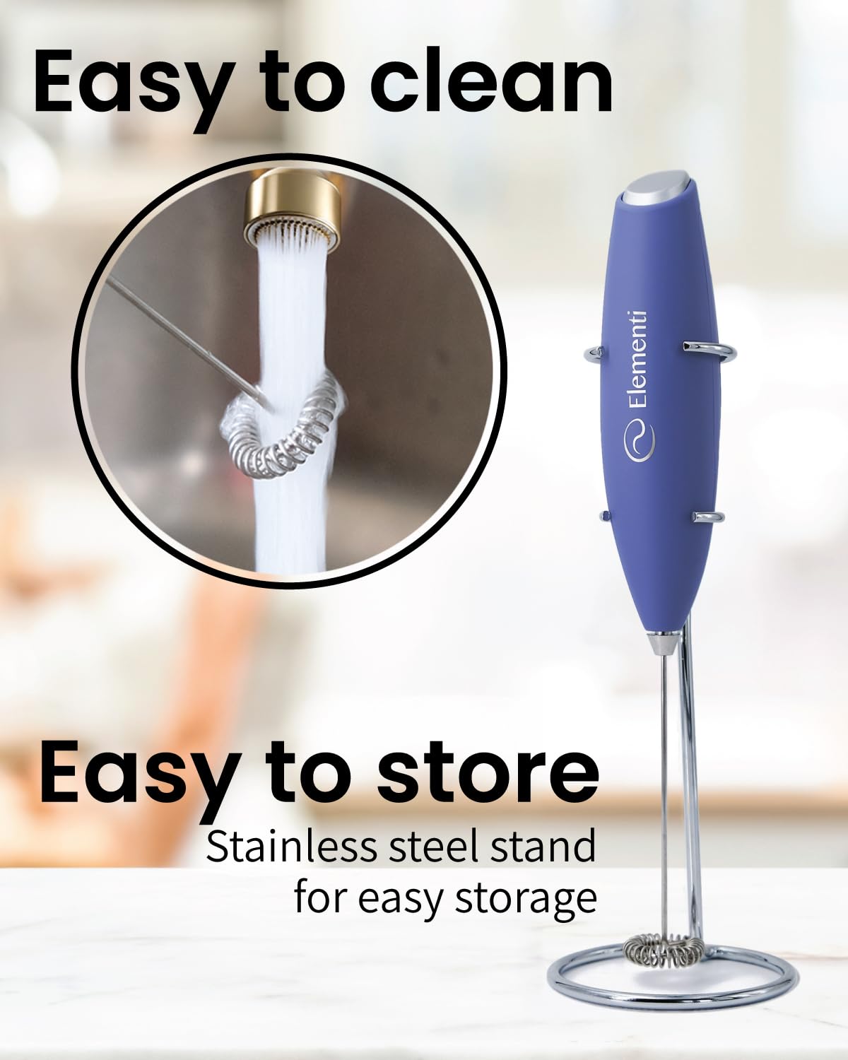 Elementi Portable Electric Milk Frother, Matcha Whisk, Milk Frother for Coffee Frother Electric Hand Blender, Mini Electric Whisk Small Hand Blender (Periwinkle)