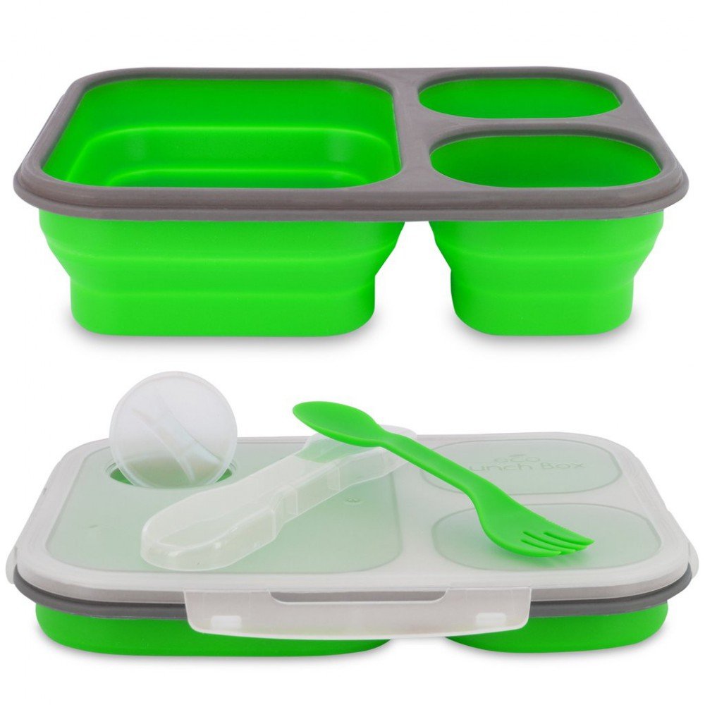 Smart Planet EC-34 Large 3-Compartment Eco Silicone Collapsible Meak Kit Lunch Box, Green