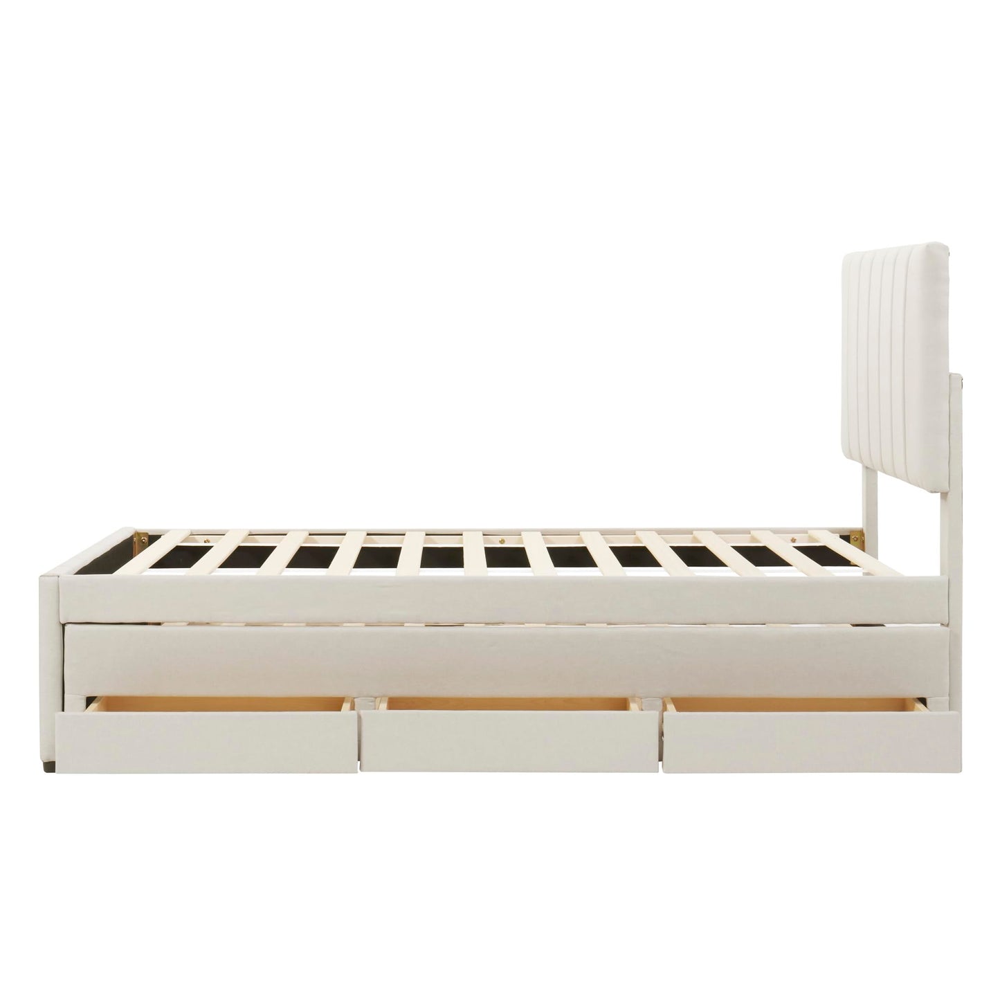 Merax Twin Size Bed Frame with Trundle and 3 Storage Drawers, Elegant Linen Upholstered Platform Bed with Stripe Headboard for Bedroom, Small Spaces, Solid Wood Slats Support, Easy Assembly, Beige