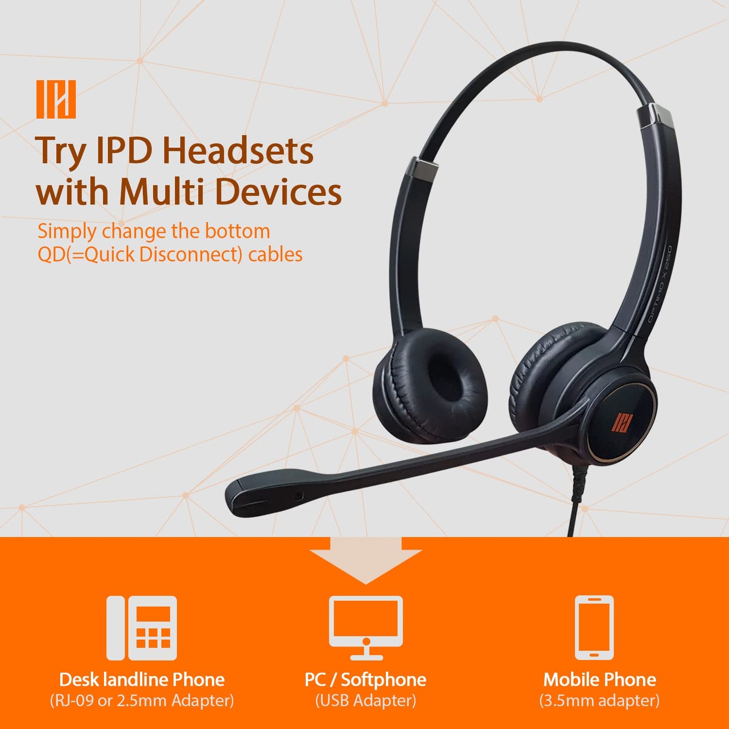 IPD IPH-255 Phone Headset with Noise Cancelling Microphone for Office and Call Center - Compatible with Yealink SIP,Snom, Greandsteam & LG landline Phones