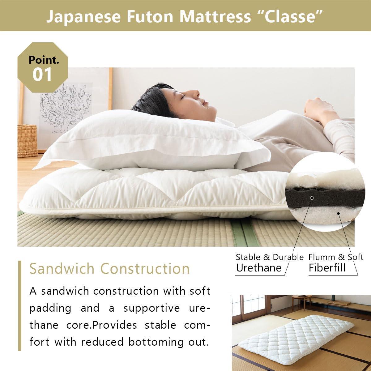 EMOOR Japanese Futon Mattress Premium CLASSE and Tatami Mat Set Full, Floor Sleeping Mat Sikibuton Igusa Natural Cotton