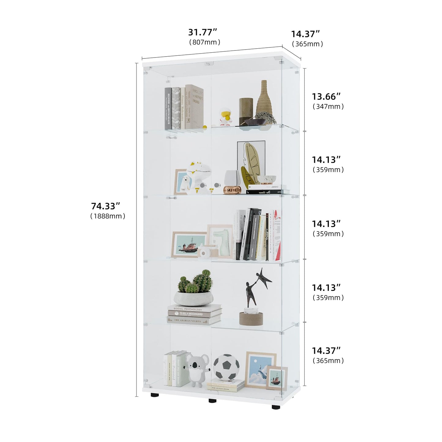 KTATK Glass Display Cabinet with 5 Shelves Double Door,Floor Standing Curio Bookshelf,Quick Installation,for Bedroom Living Room Office,White（73.82"x 31.69"x 14.37"）