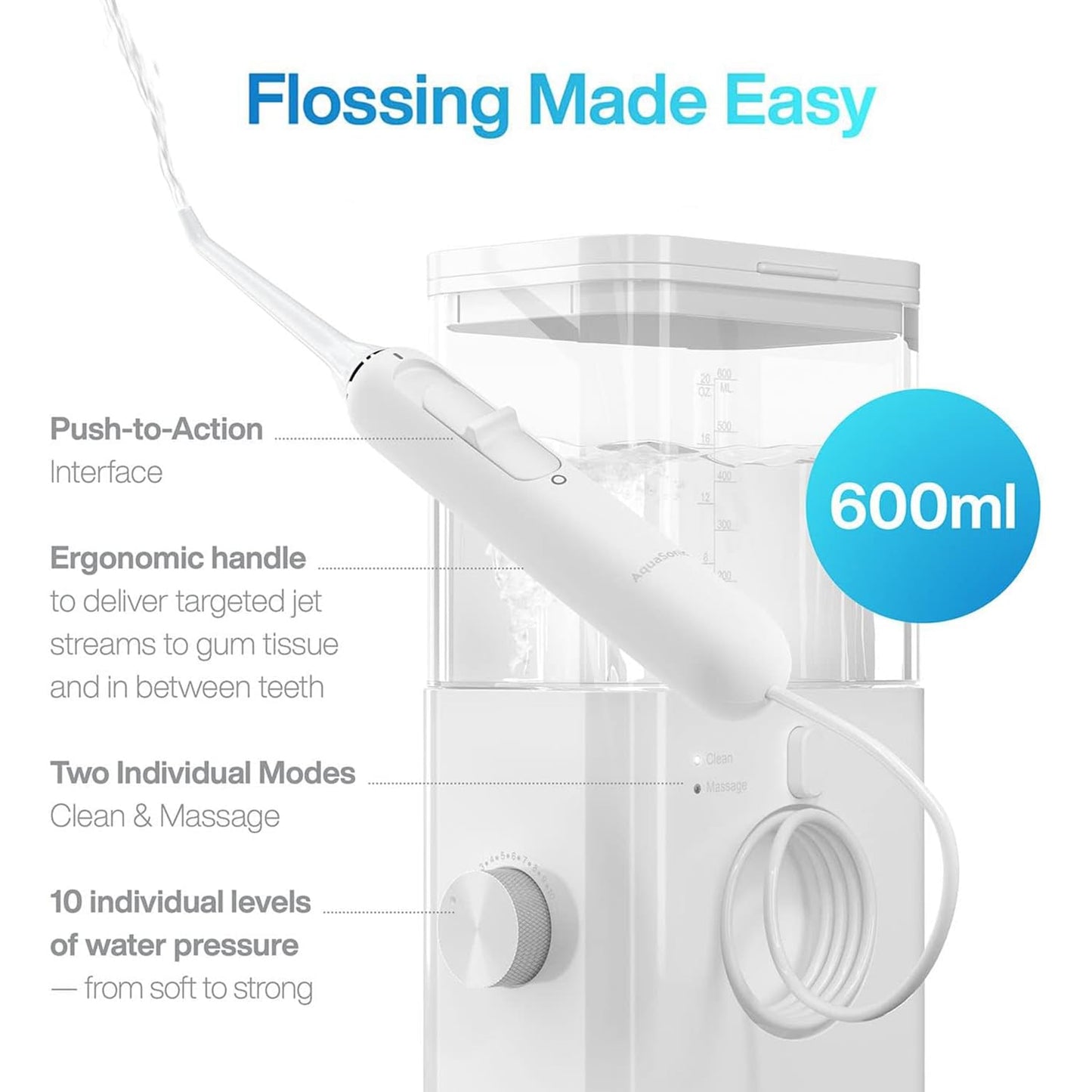 AquaSonic Aqua Flosser PRO | Professional Water Flosser with Large Capacity Reservoir | Oral Irrigator w/ 2 Modes, 10 Levels of Water Pressure, 4 Included Tips | Sleek & Compact | Dentist Recommended