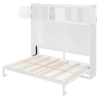 Murphy Bed Queen Size,Murphy Bed with Top Cabinets & Wine Rack,Space-Saving Hideaway Wall Foldable Bed w/Dual Piston Metal Folding Mechanism,Bedroom Folding Bedframe for Guest Room,White