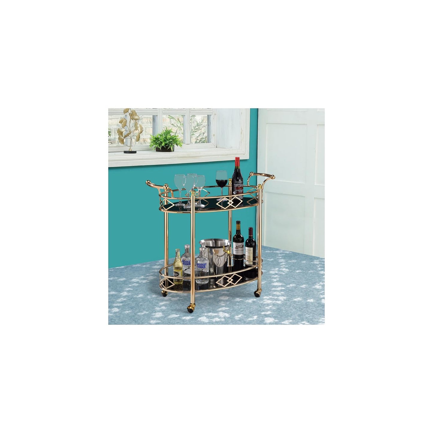 Maykoosh Global Glam Serving Cart Made with Sturdy Metal Construction in Gold Finish, Tempered Glass Top, Open Bottom Shelf.25 Lb.34.65 X 15.98 X 32.09, Gold/Black
