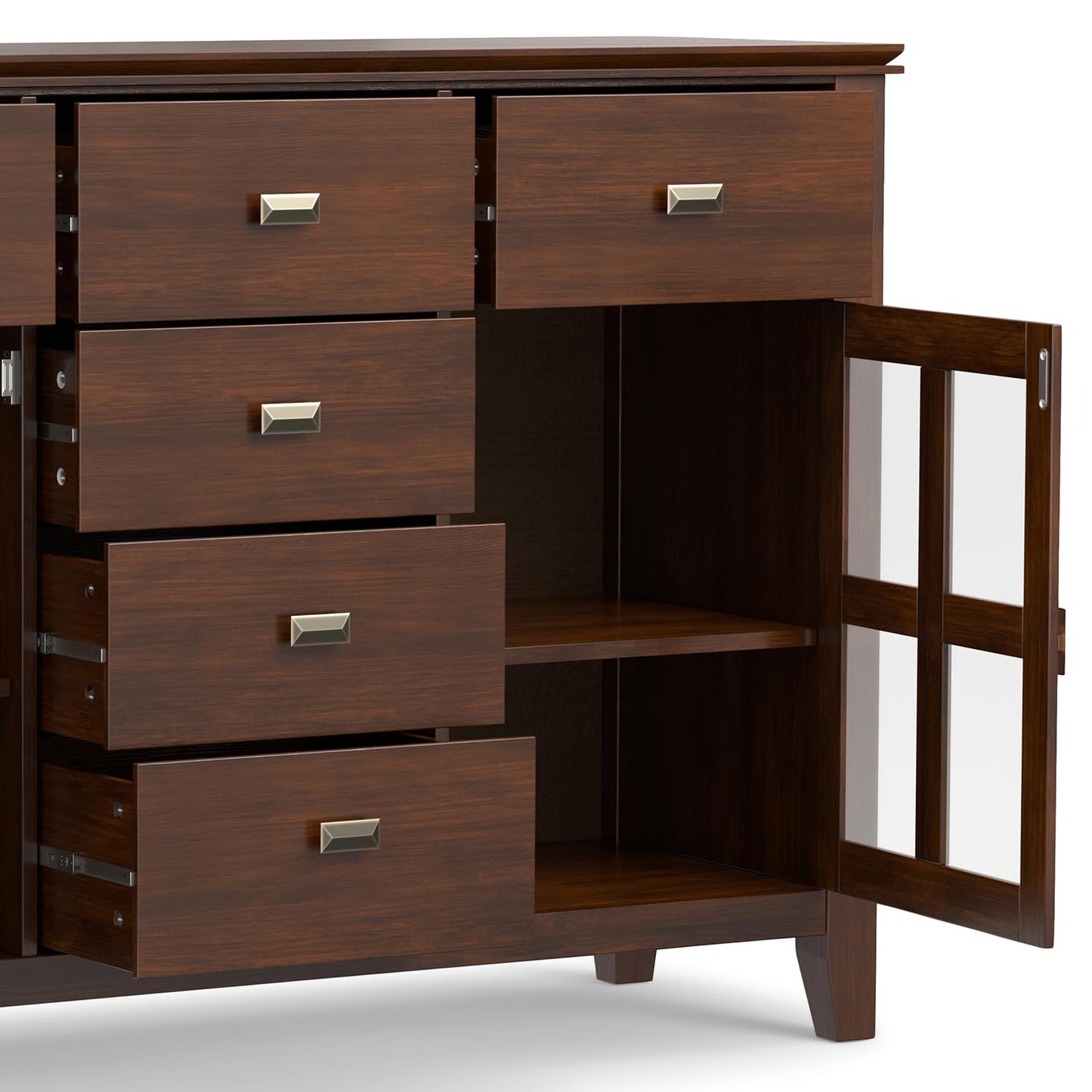 SIMPLIHOME Artisan Buffet - 54 inch Wide Solid Wood 3-Door Sideboard Buffet in Russet Brown, Transitional Storage Cabinet for Dining Room or Kitchen with Adjustable Shelves and Bronze Hardware
