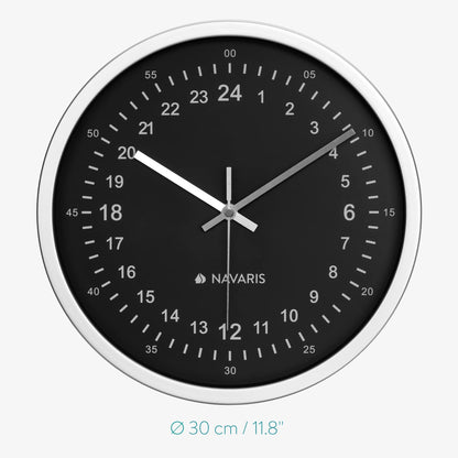 Navaris 24 Hour Wall Clock - 11.8" Analog Military Time Clock with Silent Movement Non-Ticking Hands - Battery Operated - Silver Frame with Black Face