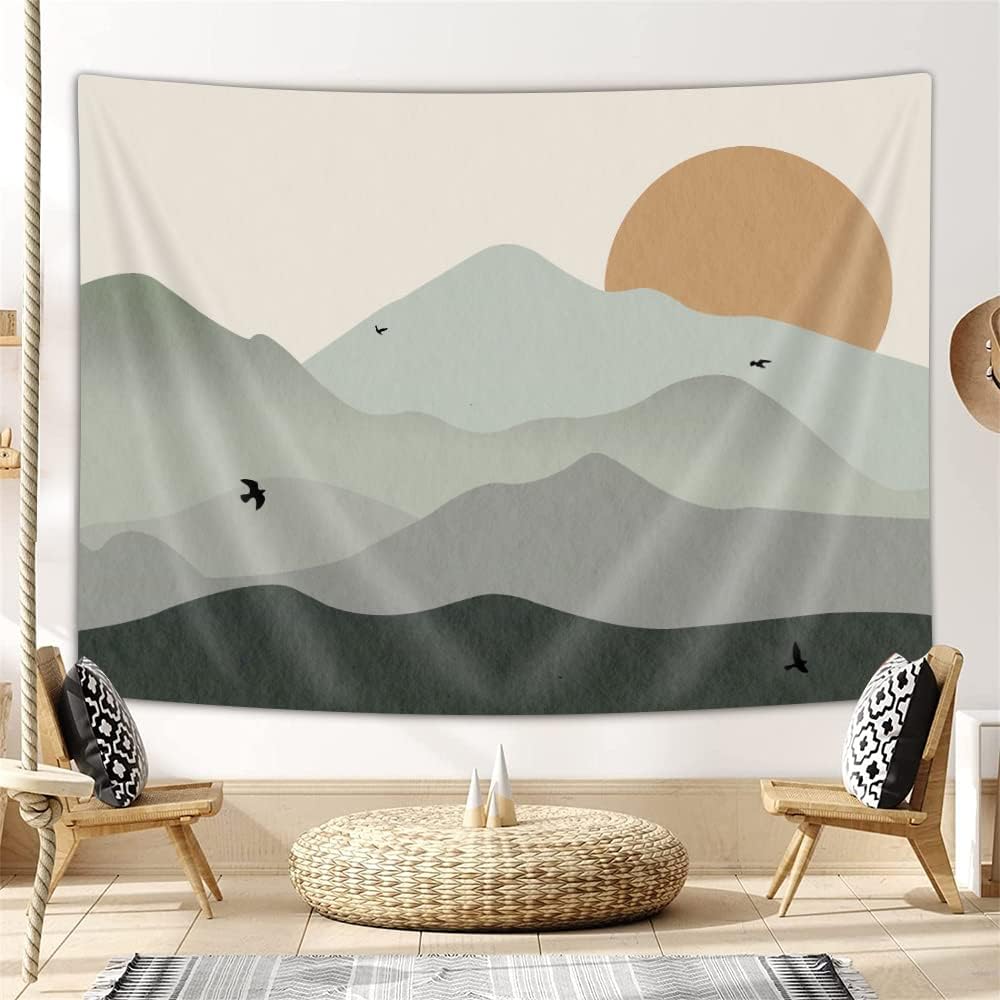 Ptrxobj Small Sage Green Mountain Tapestry Boho Abstract Sun Landscape Wall Hanging Art 60 x 40 inch