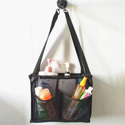 Portable Hanging Mesh Bag with 2 Hooks, Shower Organizer with 4 Storage Pockets for Bathroom and College Dorm