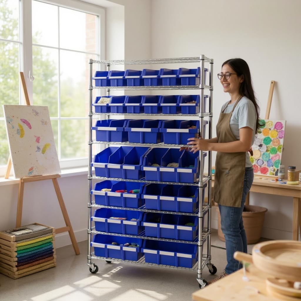 Heavy-Duty Steel Wire Shelving Storage Unit, 24-bin Rack with Wheels (Blue)