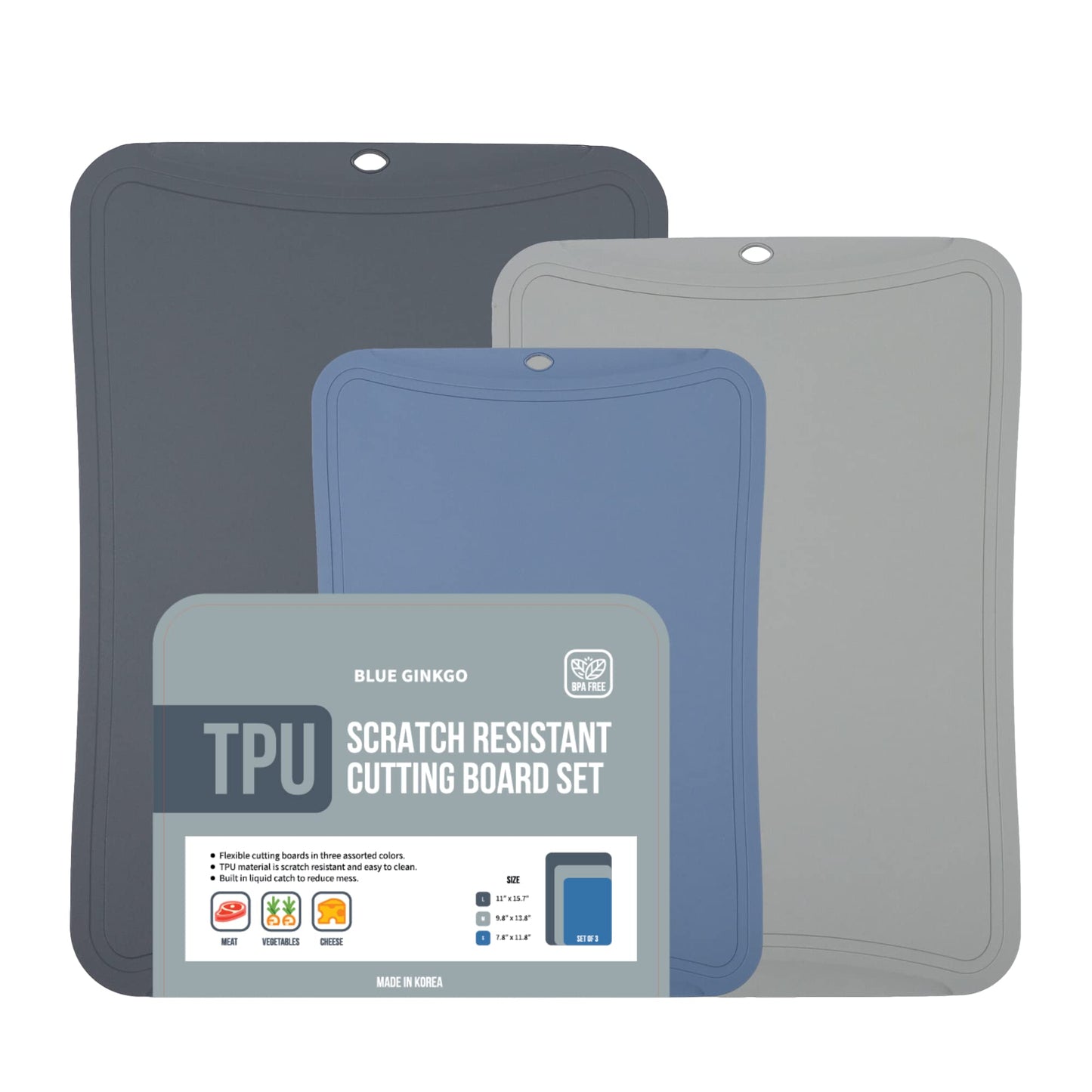 Blue Ginkgo TPU Cutting Mats [Set of 3] – Korean-Made Flexible, Knife-Friendly, Durable Kitchen Cutting Boards (Dark Gray, Gray, Blue)