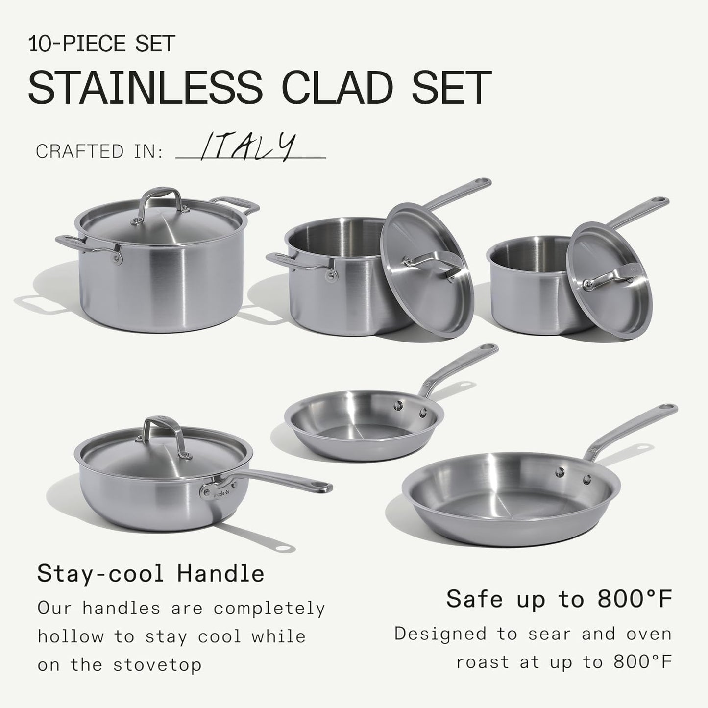 Made In Cookware | 10 Piece Stainless Steel Pot and Pan Set | 5 Ply Clad - Includes Stainless Steel Frying Pans, Saucepans, Saucier and Stock Pot W/Lid | Professional Cookware | Crafted in Italy