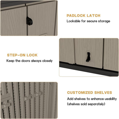KINYING Outdoor Horizontal Storage Sheds,Outdoor Storage Cabinet Waterproof Resin Tool Storage Box for Lawn Mower,Garden Tools and Patio Furniture, Lockable (Brown)
