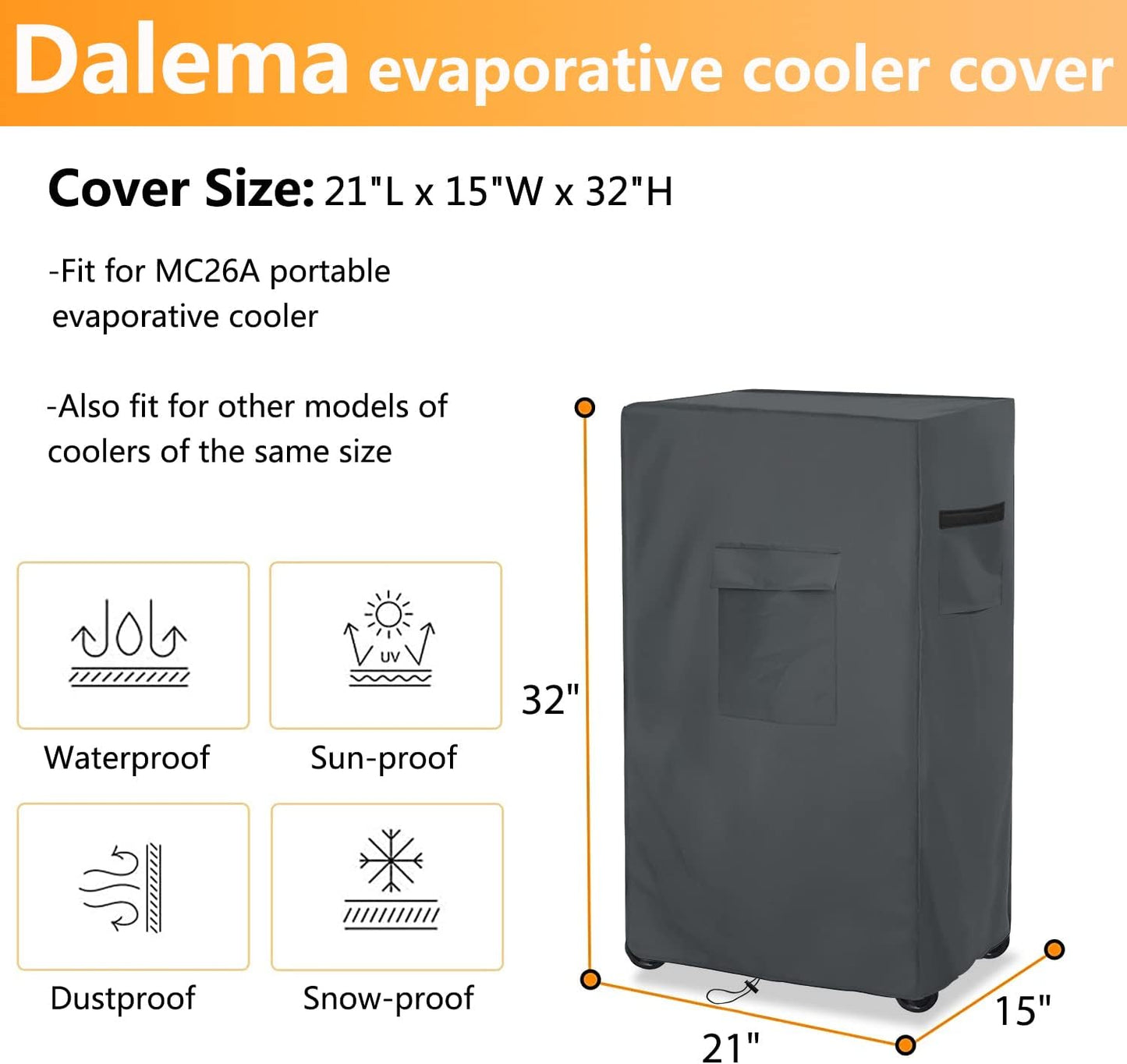 Heavy Duty Waterproof Evaporative Cooler Cover for MC26A, 21"L x 15"W x 32"H Swamp Evaporative Cooler Cover, Grey