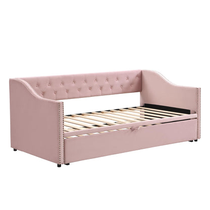 Merax Twin Size Upholstered Velvet Daybed with Pop Up Trundle, Multi-Functional Sofa Bed with Backrest and Two Armrest for Kids Room, Guest Room, Living Room,Pink
