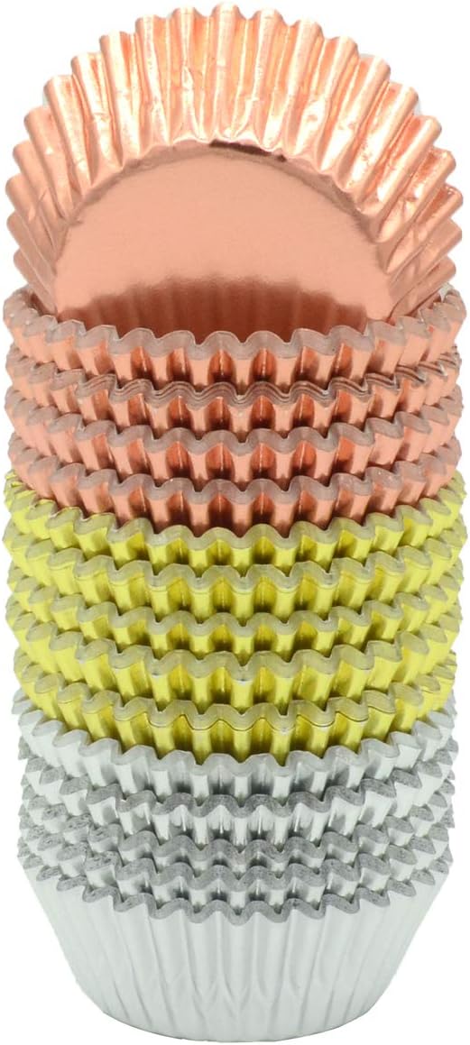 Mini Metallic Foil Paper Cupcake Liners in Rose Gold, Gold, and Silver - 300-Count Baking Cups