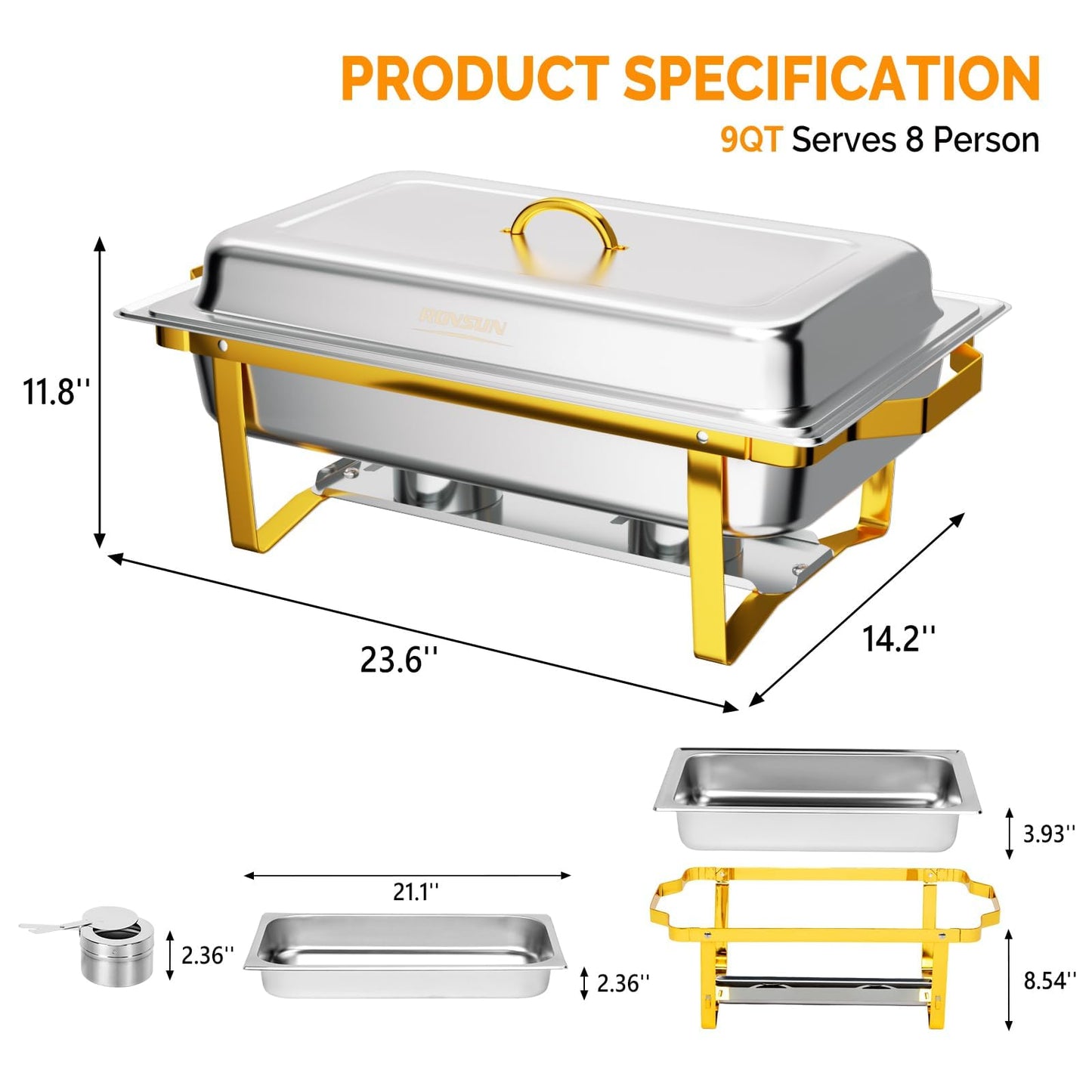 Bonnlo 8 Pack Chafing Dishes for Buffet, 9 Qt Stainless Steel Food Warmer Set with Lids, Rolled Edge Catering Chafer with Folding Frame for Wedding, Banquet, Party & Hotel Service, Silver & Gold