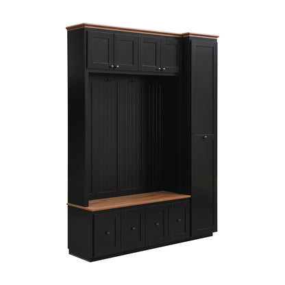 Shaical Hall Tree with Bench and Pull-Out Storage, 5-in-1 Entryway Shoe Bench with Coat Rack & 4 Drawers 2 Cabinets 4 Hooks, 78.7''H Wooden Storage Organizer for Hallway, Mudroom, Entrance, Black