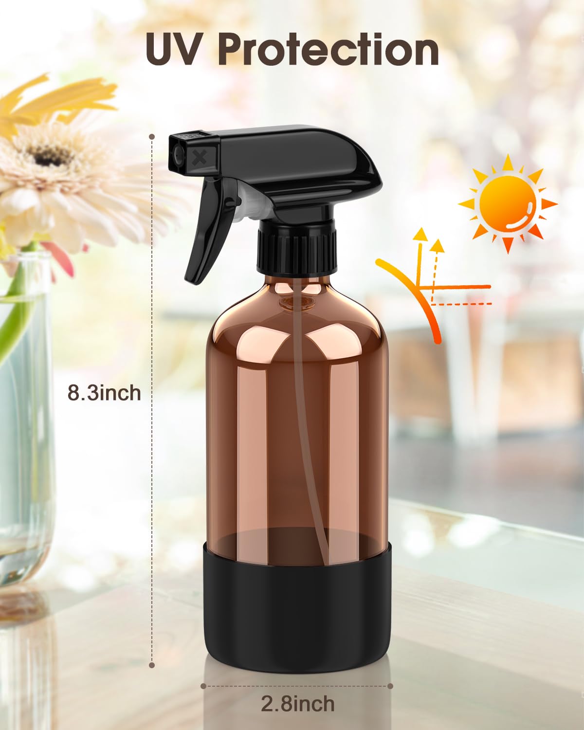 Bontip Glass Spray Bottle with Silicone Sleeve Protection, Amber Glass Spray Bottle Set for Window Cleaner Aromatherapy Facial Hydration Watering Flowers Hair Care 2 Pack/16 oz (Black & Brown)