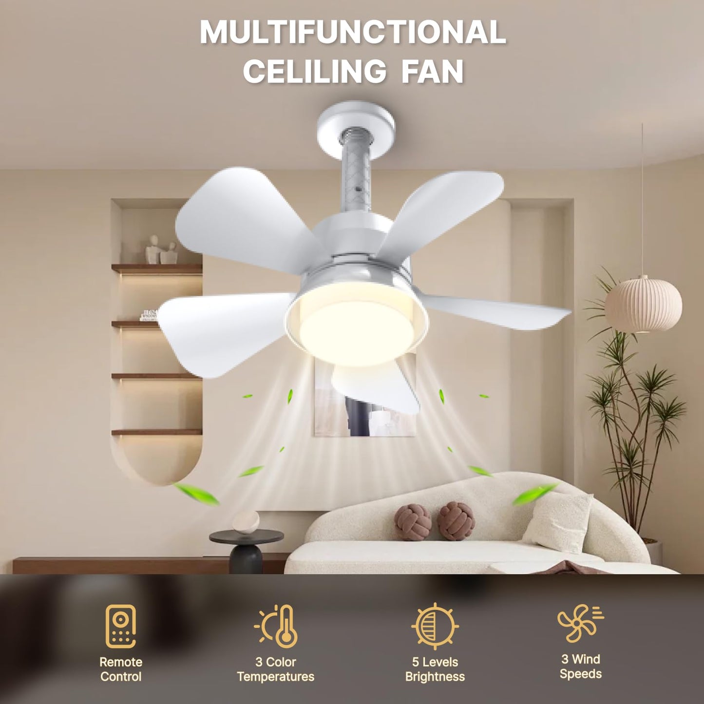 LITLISFlY White Ceiling Fan with LED Lights, 5-Level Dimmable Light, Low Profile Flush Mount Fan, Quiet Operation, Remote Control, 3CCT, Perfect for Bedroom, Kitchen & Patio