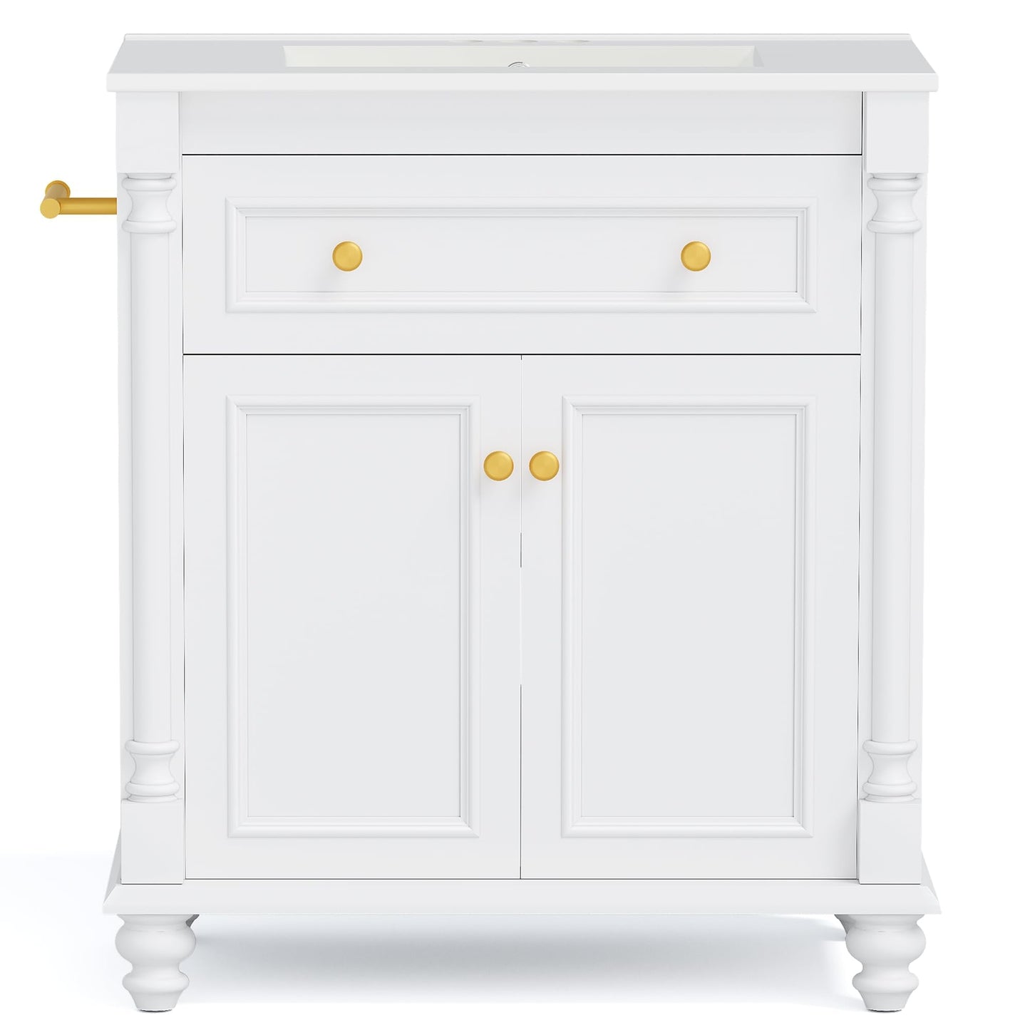 YESHOMY 30" Bathroom Vanity with Sink, Freestanding Bathroom Vanity with Integrated Ceramic Basin, 1 Flip-Down Drawer, 2 Doors & Adjustable Shelf, Bathroom Storage Cabinet with Sink Combo Set, White