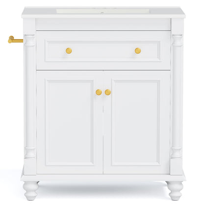 YESHOMY 30" Bathroom Vanity with Sink, Freestanding Bathroom Vanity with Integrated Ceramic Basin, 1 Flip-Down Drawer, 2 Doors & Adjustable Shelf, Bathroom Storage Cabinet with Sink Combo Set, White