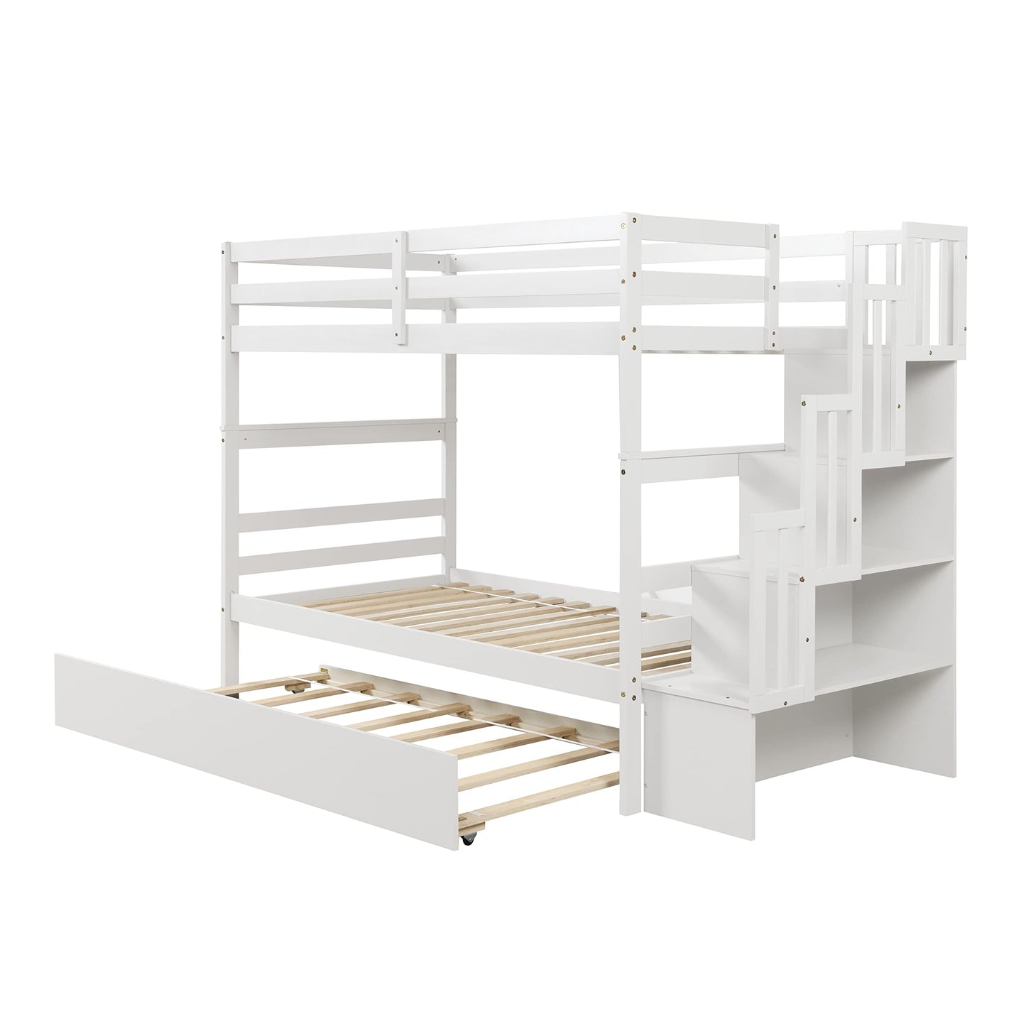 Twin Over Twin Bunk Bed with Trundle,Solid Wood Bunk Beds with Storage Stairs,Bunk Bed Twin Size with Stairs for Kids,Teens,Adults,White