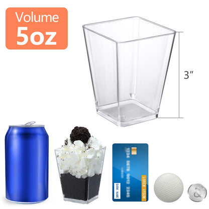 SHOPDAY 5 oz Plastic Dessert Cups 50 Pack Small Clear Square Parfait Cups with Spoons, Mini Plastic Tumbler Serving Cups for Tasting Party Appetizers Mousse Yogurt
