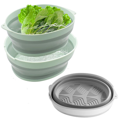 2 Sets 2 in 1 Collapsible Colander Set Including Sink Basin & Strainer Bowl, Foldable Silicone Fruit Washing Basket, Portable Vegetable Washing Tub for Kitchen, RV, Camping (Grey & Green)