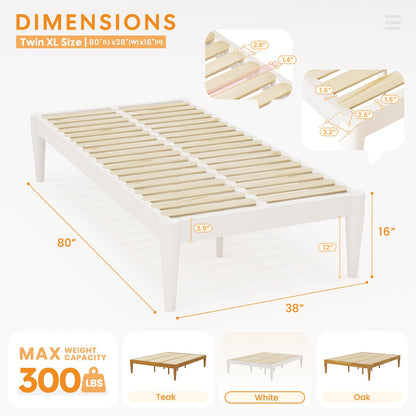 IOTXY Twin-XL Platform Bed Frame - Solid Wood 16-Inch Height Mattress Foundation Base with Densely Slats and Heavy-Duty Support Legs, No Box Spring Needed, White