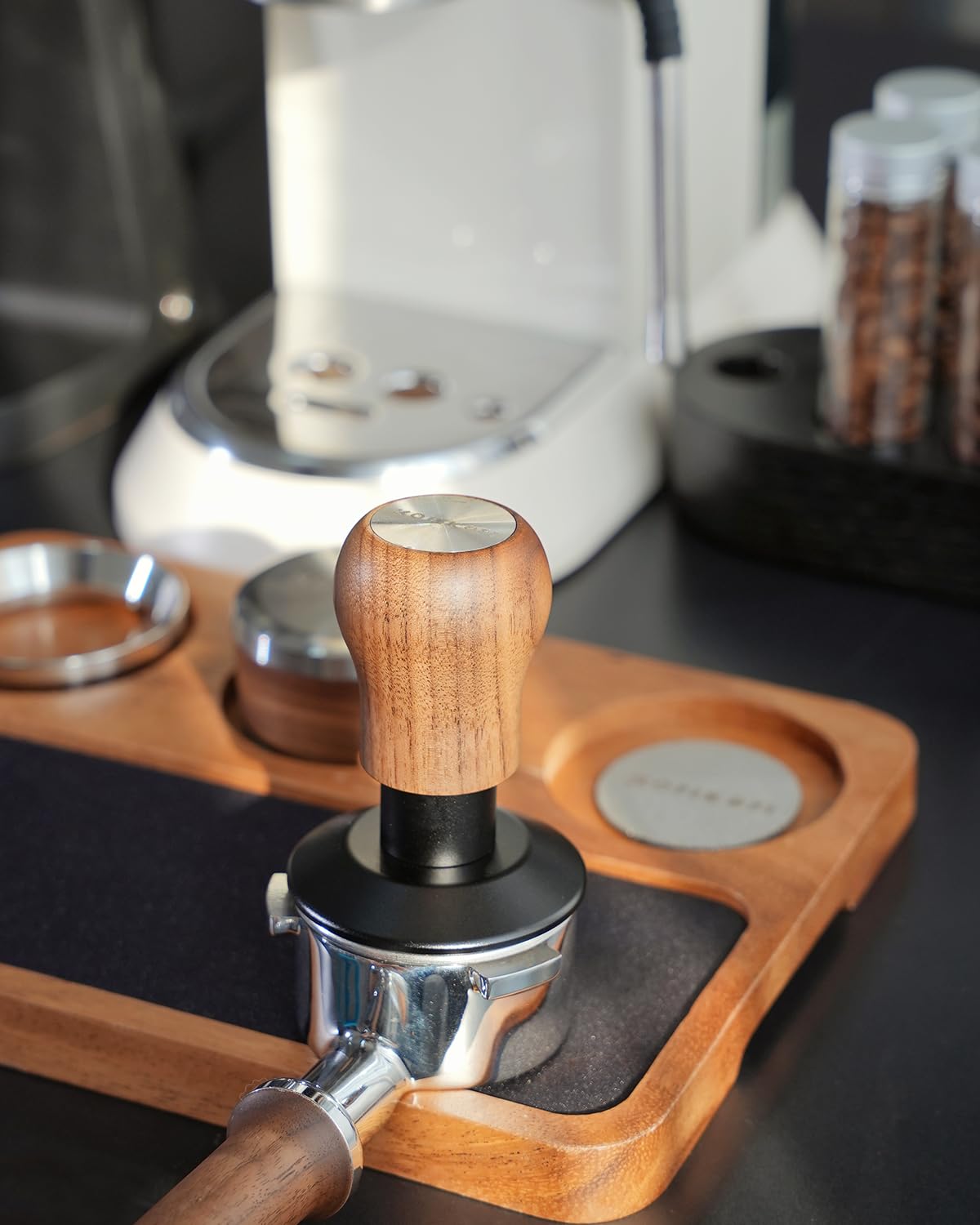 KOFIKOFI Coffee Tamper 53.3mm - 3 Spring Loaded Espresso Tamper with 30lbs Calibrated Springs and Sound Feedback - Barista Walnut Tamper With Stainless Steel Ripple Base - Fits 54mm Portafilter
