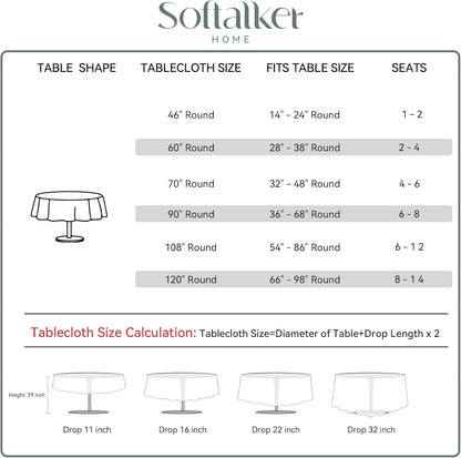 Softalker Round Tablecloth, Waterproof & Stain Resistant, Wrinkle Free Fabric Washable Polyester Table Cover for