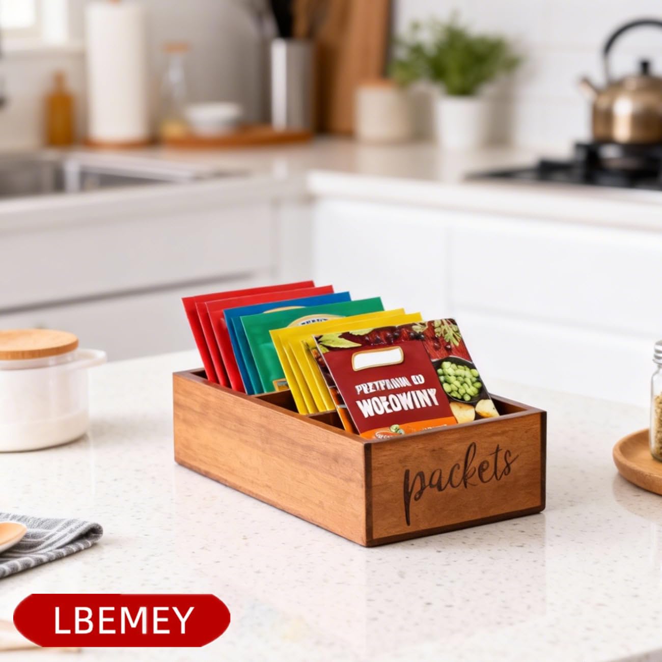 LBEMEY Packet Organizer, Acacia Wood Packet Storage Organizer with 3 Compartments,Farmhouse Kitchen Organization for Spice, Gravy, Taco, and Dressings Packets for Kitchen, Brown Labeled Packets