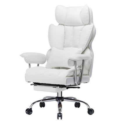 Efomao Big and Tall Office Chair 400lbs – High Back Executive Chair with Swivel Base, PU Leather Upholstery, Lumbar Pillow, Padded Armrests, and Rolling Wheels，White Computer Chair