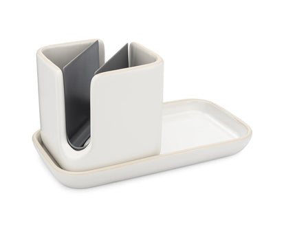 Full Circle Stash, Ceramic Kitchen Sink Caddy, Stylish Sponge Holder & Dish Brush Organizer, Easy to Clean, Dishwasher Safe, Rustproof, White and Gray, 11"