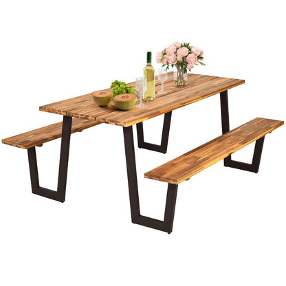 HOMGX Picnic Table, 6 Ft Dining Table with 2 Umbrella Hole, Table Bench Set with Heavy-Duty Metal Frame, Acacia Wood Picnic Table for Outdoor, 6-8 Person, Patio, Lawn, Party, Garden, Natural & Black