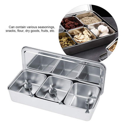 Hapivida Stainless Steel Seasoning Box, 3 Compartment Dispenser Container with Lid Food Serving Display Container Serving Tray Large Capacity Kitchen Condiment Storage Silver
