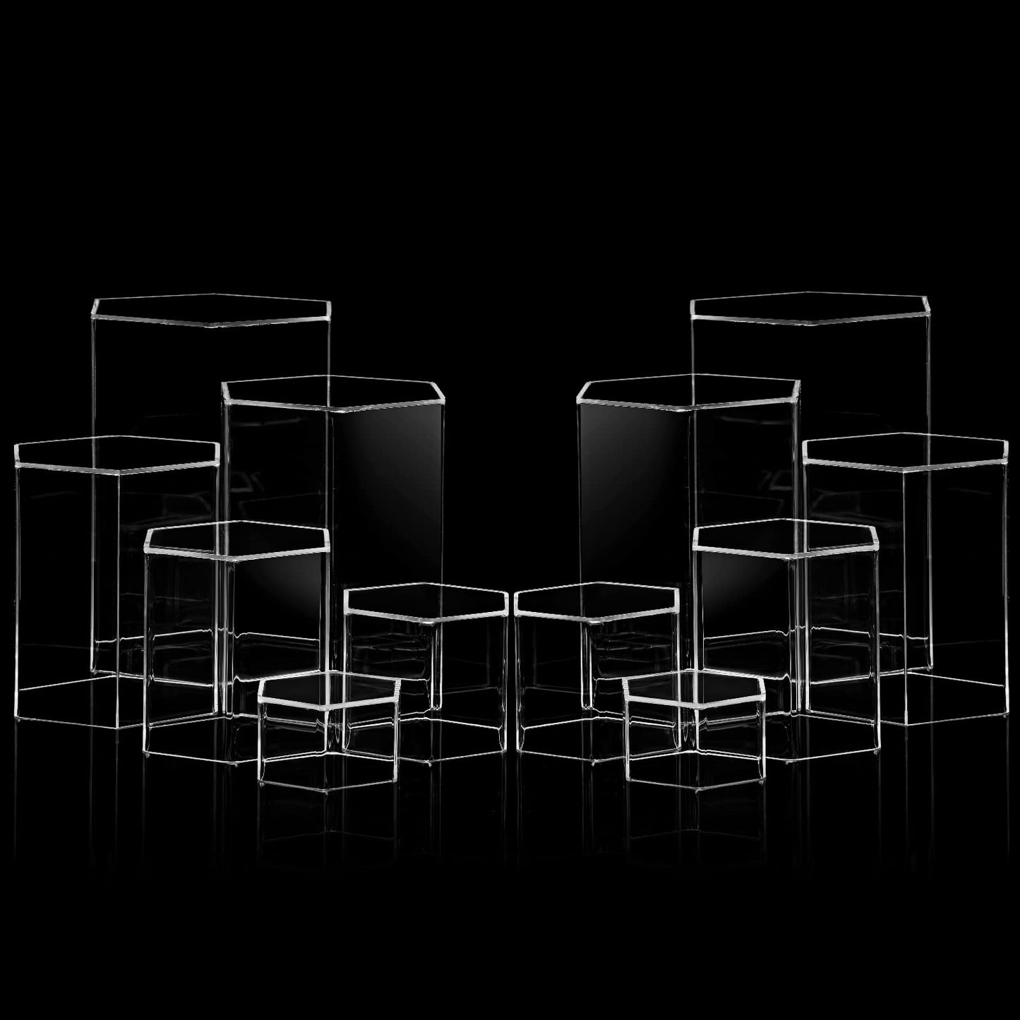 Jetec 6 Pcs Hexagonal Jewelry Display Risers Hexagonal Market Display Risers Stands Acrylic Showcase Acrylic Stand for Jewelry Model Figures Decoration, 6 Sizes (Clear)