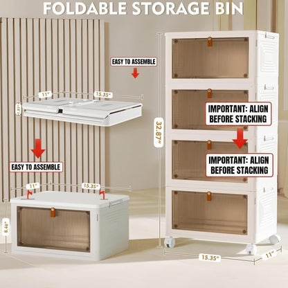 YFXCVSL 4 Tier Plastic Storage Bins with Lid 23QT, Stackable Storage Containers with Wheels, Folding Storage Boxes, Stackable Storage Bins, Organizers and Storage for Living Room,Office,Dorm