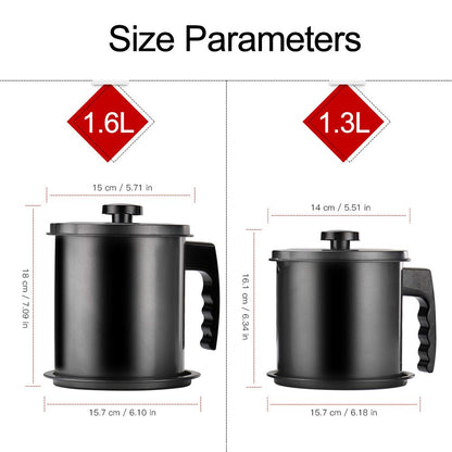 Cambom Bacon Grease Container with Fine Mesh Strainer, 1.6L almost 7 Full Cups Iron Cooking Oil Can with Removable a Coaster Tray for Kitchen Fat Storage Black