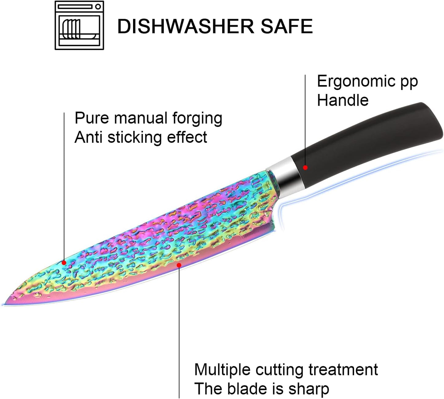Rainbow Titanium Knife Set, Sharp Stainless Steel Knives with Acrylic Block, 6 Steak Knives, Chef Quality