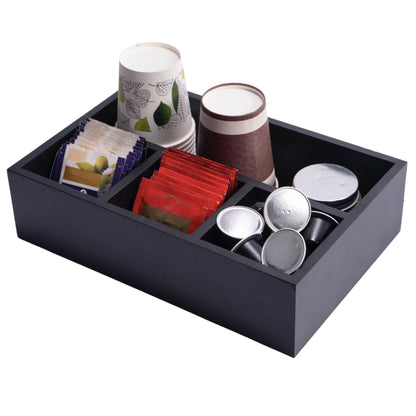 HymoConn Tea Bag Organizer Wood Black, 4 Compartments Tea Bag Holder, Large Capacity Sugar Packet and Coffee Station Organizer, Tea Bags Caddy Drawer Storage Container for Countertop