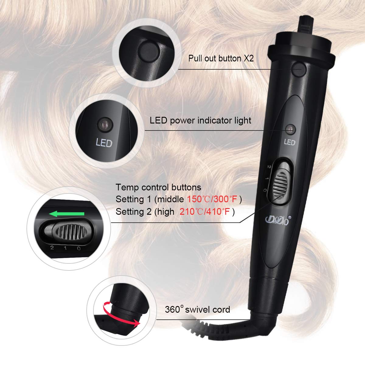 6 in 1 Curling Iron Wand Set with 6 Interchangeable Ceramic Barrels and Heat Protective Glove (Black-6in1) (Black-6)