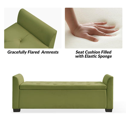 The support you need 58" Faux Leather End of Bed Storage Bench with Flared Arms & Tufted Seating, Large Elegant Transitional Upholstered Bedroom Benches, Flip Top Entryway Ottoman Footrest, Moss